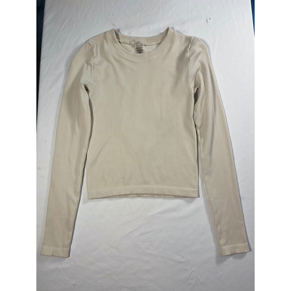 Aritzia Seamless Long Sleeve Stretchy Ribbed Top Cream Beige Crew Neck